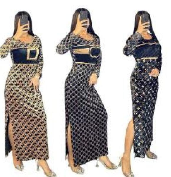 brand Designer Women's Party dress Casual Fashion Print Split Soft and Warm Korean Velvet Winter Long sleeved Dresses free shipping