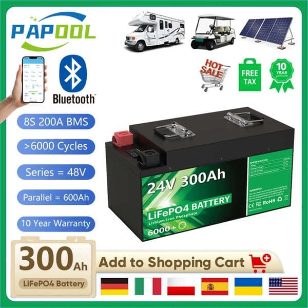 LiFePO4 Battery 24V 300Ah 7680Wh Bluetooth 6000+ Cycles 8S BMS 12V 100Ah 140Ah 200Ah 240Ah lithium Pack For RV Boat Solar NO TAX