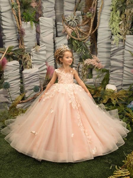 Flower Princess Pink Girl Dresses Sheer Jewel Neck A Line Appliques Ruffles Long Girls Pageant Gowns Kids Birthday Party Communion Dress BC14582 ppliques s