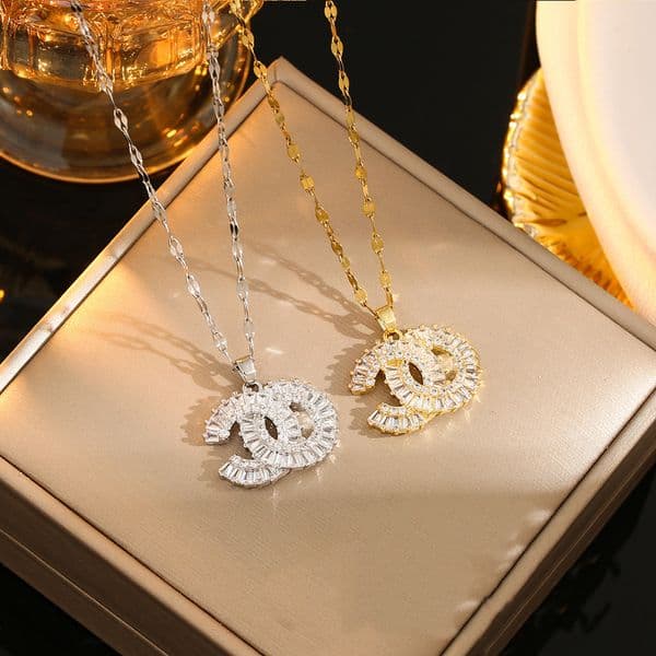 20style Luxury Designer Brand C - Double Letter Pendant Necklaces Chain 18K Gold Plated Crysatl Rhinestone Sweater Newklace for Women Wedding Jewerlry Accessories