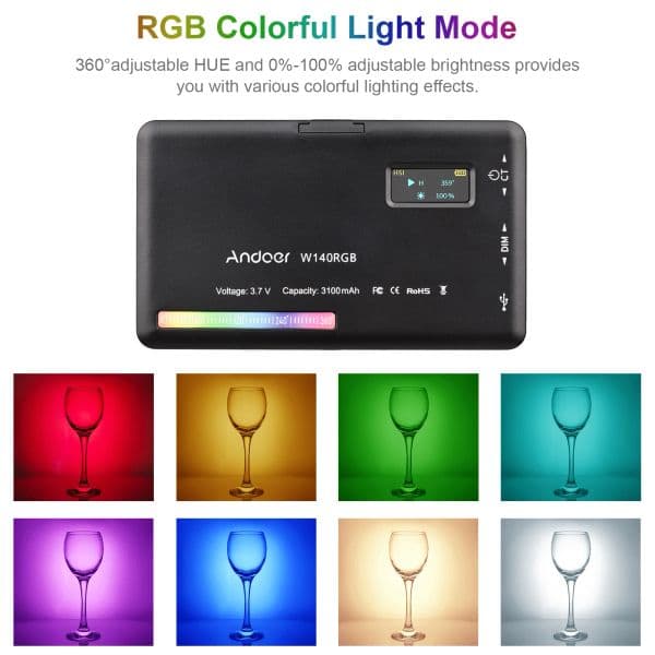 Andoer W140 RGB LED Video Light Photography Fill Light 2500K-9000K with LCD Display Cold Shoe Adapter for Vlog Live Streaming