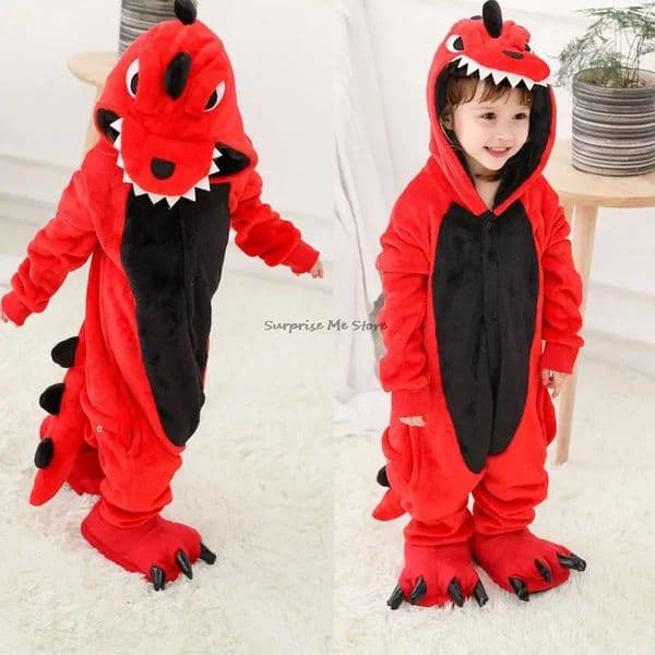 Red Dinosaur Onesie Kids Kigurumi Pajama Baby Girls Animal Overalls Jumpsuit Cartoon Cosplay Costume Sleepwear Boy Pyjama Pijama 240327