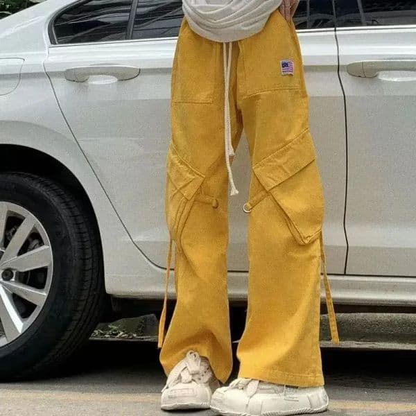 Yellow Popular High Street Multi Pocket Drawstring Wide Leg Trousers Summer Retro Straight Tube Thin Denim Casual Cargo Pants