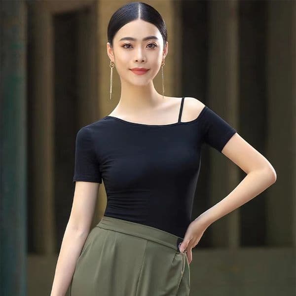 Black White One Shoulder Spaghetti Strap Latin Elastic Tight Top Ballroom Modern Social Flamenco Dance Practice Sexy T Shirt
