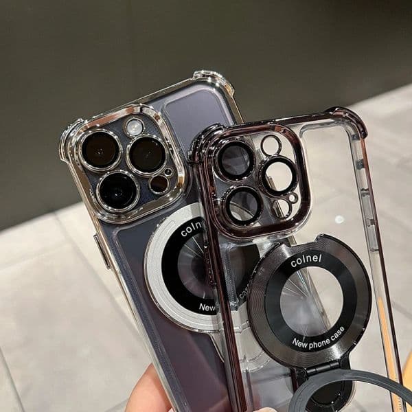 For iPhone 15 Pro Max Luxury Magsafe Magnetic Plating Frame Stand Phone Case For iPhone 11 12 13 14 Plus Lens Protective Cover