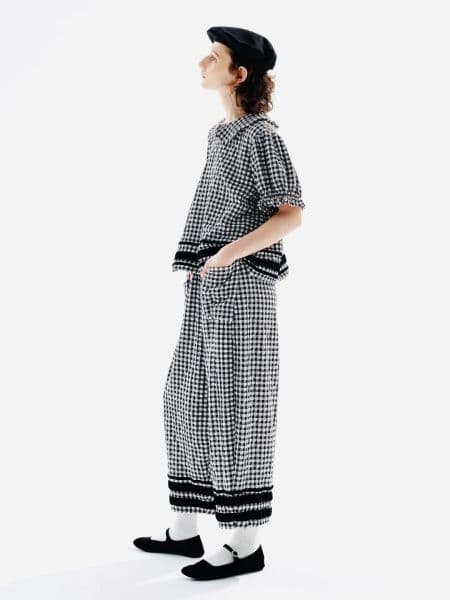 imakokoni plaid doll collar lace short sleeve shirt women's summer new bubble sleeve top 234187