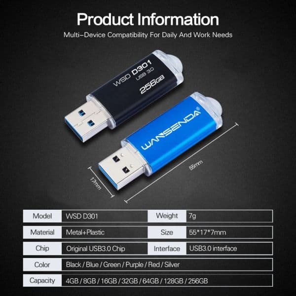WANSENDA D301 USB 3.0 Flash Drive 32GB Metal Pen Drive 16GB 64GB 128GB 256GB Pendrive Real Capacity Memory Stick U Disk