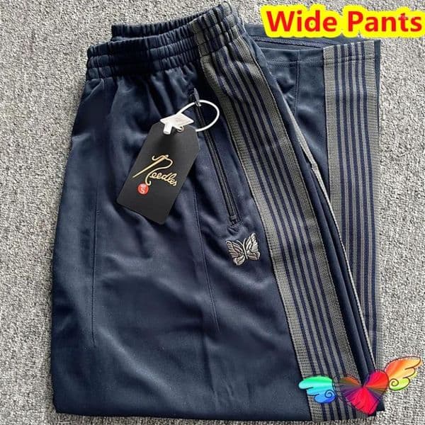 Men S Pants Oversized Navy Blue Needles Wide Men Women Embroidered Butterfly Track Poly Smooth AWGE Sweatpants