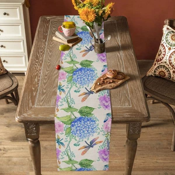 Spring 2025 Hydrangea Blue Purple Floral Linen Table new Runner Dresser Scarves Decor Farmhouse Table Runners Holiday Party Decoration