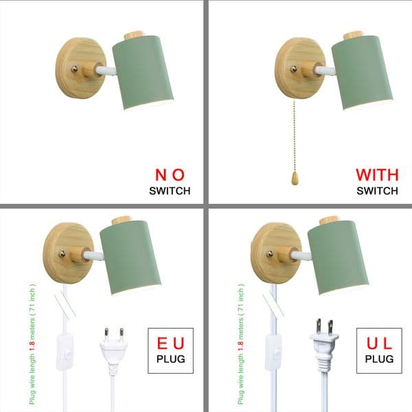 Nordic Indoor GU10 Wall lamp Wooden 6 Color With Zip switch EU/UL Plug Wall lights For home bedroom Living room Aisle Decorate