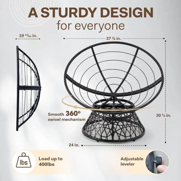 2025 Wicker Ergonomic Papasan Chair with Soft Thick Density Fabric Cushion, High Capacity Steel Frame, 360 Degree Swivel for Living, Cushion, Frame, Living,