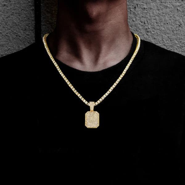 Full Rhinestone Square Dog Tag Pendant Necklace Match 4mm Tennis Chain Iced Out Exquisite Accessories Jewelry Hip Hop for Men a