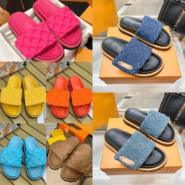 Designer Slippers Pool Pillow Mules Women Sandals Sunset Flat Slides Comfort Mule Padded Front Strap Causal Slider Fashionable Summer Beach Outdoor Shoes Size 35-42