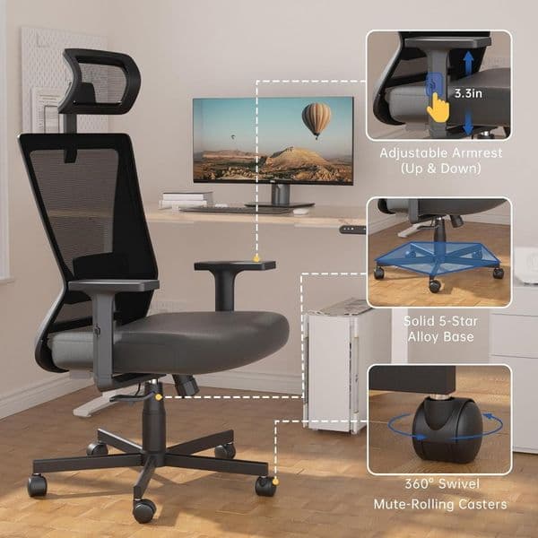 Dripex Ergonomic Office Chair High Back Desk Chair Computer Mesh Chair with Lumbar Support Adjustable Headrest u0026 2D Armrest