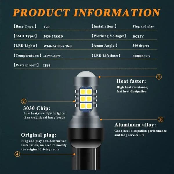 2pcs T20 LED 7440 7443 Led WY21W W21W Led new Bulbs 2025 Car Signal Lamp T20 3030SMD Backup Reversing Light Super Bright