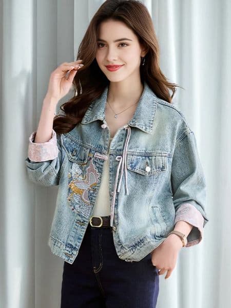 Spring Women Denim Jacket And Coat Chinese Style Long Sleeve Embroidery Buttons Elegant Outwear Woman Jackets 240423