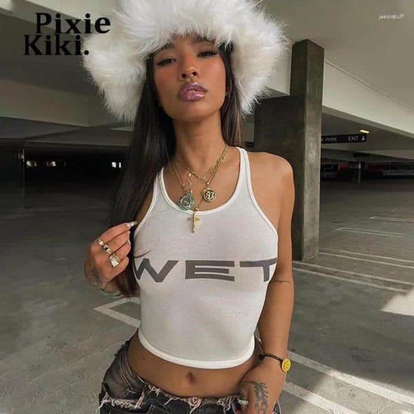 Women's Tanks women's clothing PixieKiki Wet Letter Print White Crop Top Shirt Y2k Streetwear Sexy Summer Clothes For Women Tank Tops 2024 P66-AE10