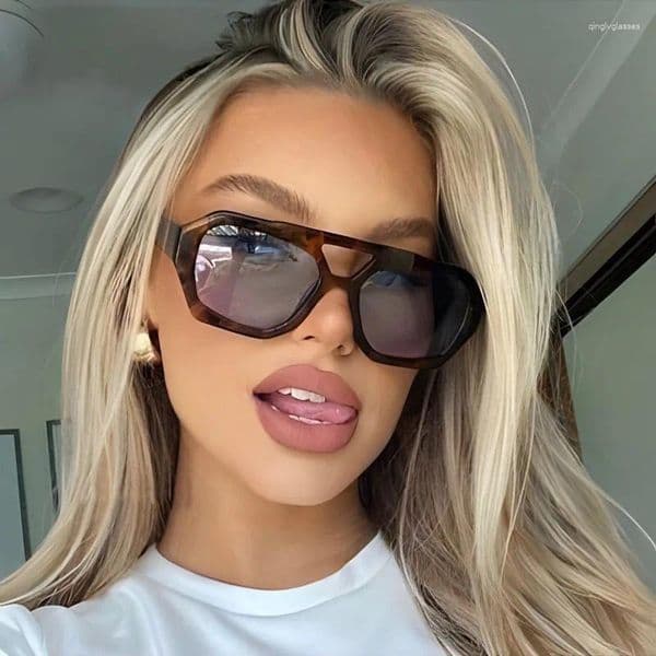 Sunglasses Retro Double Bridges Women's Fashion Luxury Designer Sun Glasses Men Shades Big Frame Leopard Brown Gradient Eyewear