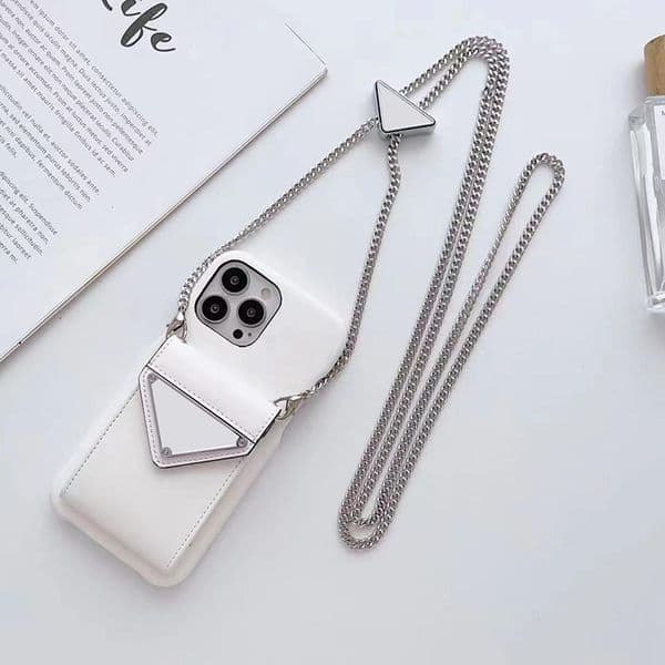 Luxury Leather Chains Crossbody Designer Phone Case for Apple iPhone 17 16 Pro Max 15 14 Plus Shoulder Strap Necklace Lanyard Card Holder Back Cover Coque Funda