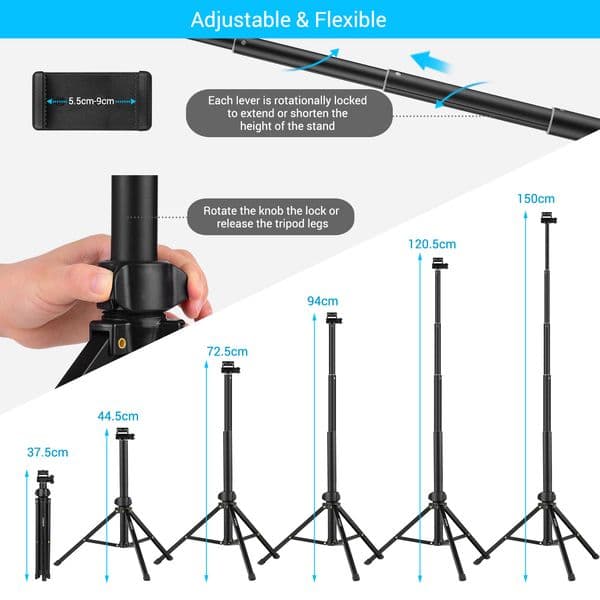Andoer 59in 2in1 Tripod Stand+Extendable Selfie Stick Aluminum Alloy Phone Holder Remote Shutter for iPhone Photo Live Streaming