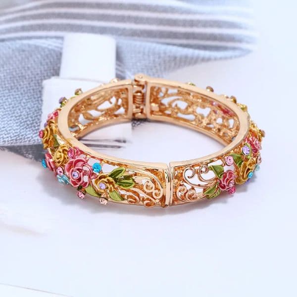 Colored Enamel Flower Bangles Alloy Openwork Engraving Vintage Floral Bracelets Red Purple Rose Bracelets For Women Jewelry Gift
