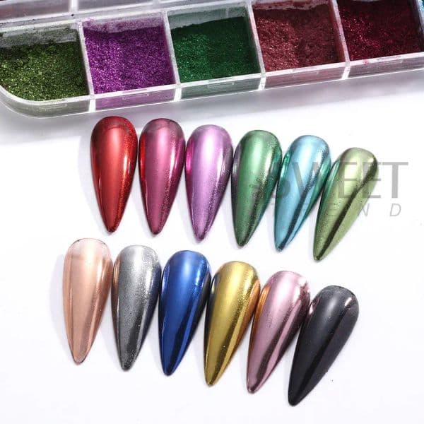 12 Colors Metallic Powder Nail Pigment Holographic Mirror Metal fine Rubbing On Nail Dust Glitter UV Gel Polish Nail Decoration
