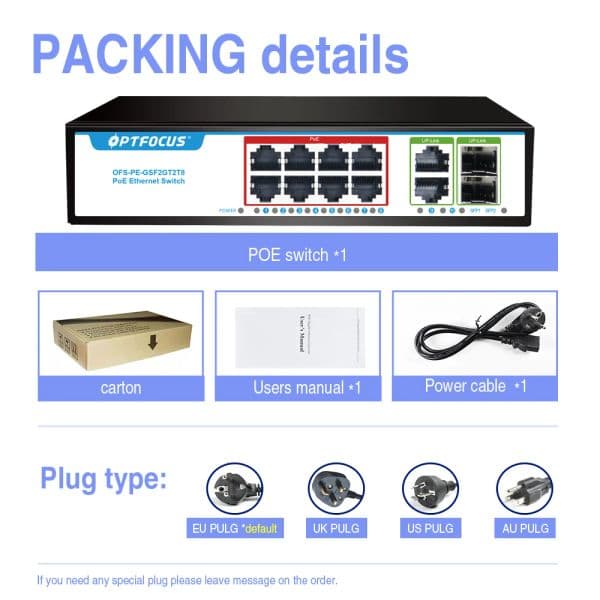 OPTFOCUS 120W 8 gigait poe+2 RJ45+2 SFP Gigabit fiber Durable PoE+ SFP Fibra 8 portas Ativo Passivo Sfp Poe 48v Gigabit Switch
