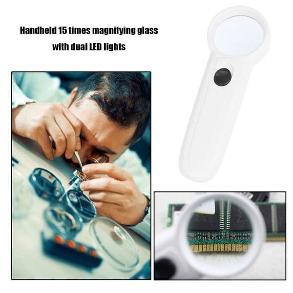 Handheld 15X Magnifier with 2 LED Magnifying Glasses Senior Aid Reading Loupe