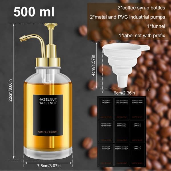 2Pcs Coffee Syrup Dispenser Set 500ml Reusable Glass Bottle Dispenser Clear Coffee Syrup Bottle BPA-free Coffee Pump Dispenser