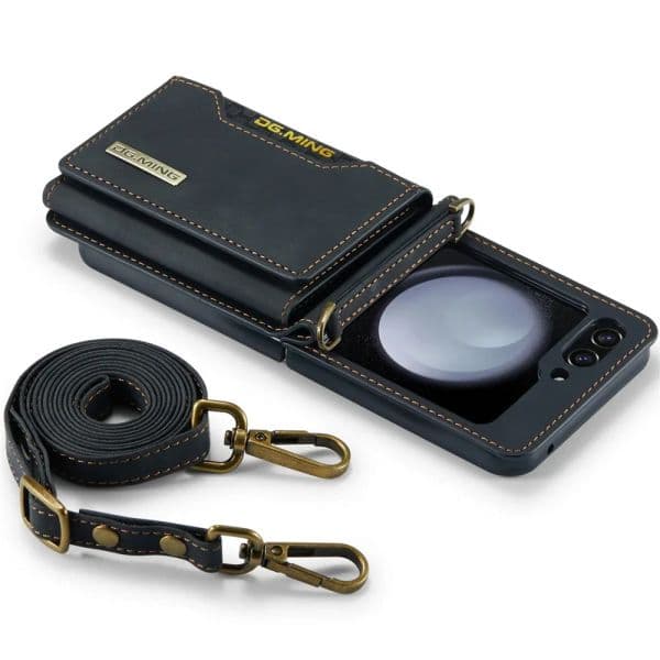 DG.Ming with Lanyard Crossbody Wallet Case for Samsung Galaxy Z Flip 5 4 3 Retro Leather Holder with Strap