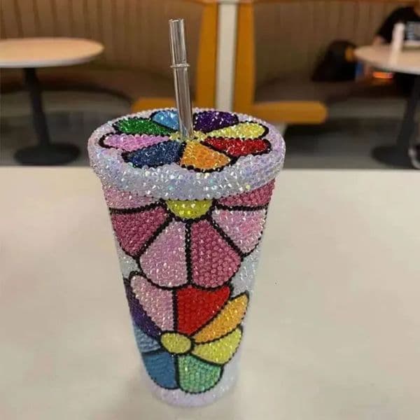 Manual DIY Diamond Bottle Coffee Insulation Tumbler With Strand Vacuum Double-Layer Stainless Steel Car Water Cup 240507 B2