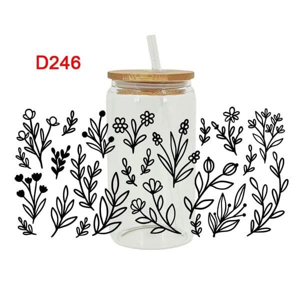 UV DTF Transfer Black Flowers Printed Sticker For The 16oz Libbey Glasses Wraps Bottles Cup D201