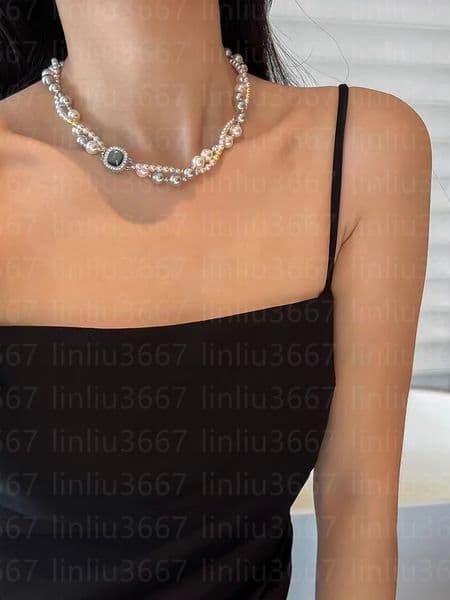 Natural Fritillaria light luxury double layer necklace designer mixed color micro inlaid square Fritillaria advanced sense Joker niche design with box girls gift