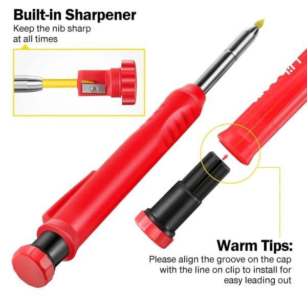 Deep Hole Solid Carpenter Pencil Set with 6 Refill Built-in Sharpener Mechanical Pencil Carpentry Scriber Woodworking Tools