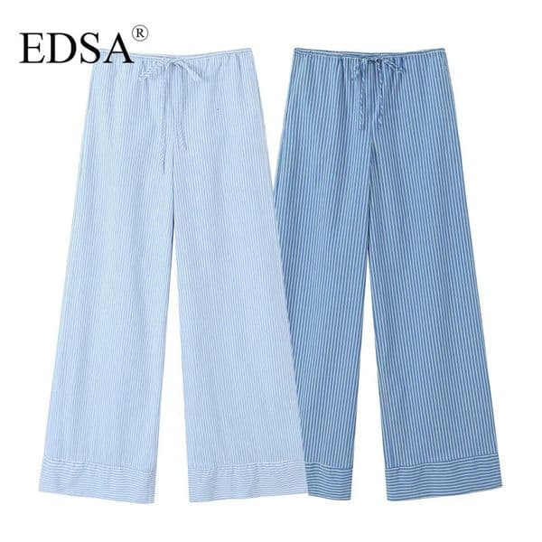 EDSA Women Blue Striped Straight Pants with Drawstring Lace Up Loose Vinatge Long Trousers Mid Elastic Waist Female Chic Lady 240513
