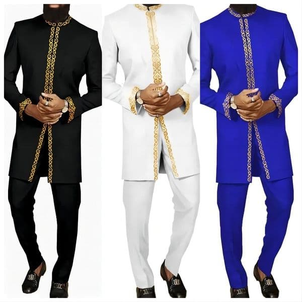 African Mens Clothing Fashion Embroidered Top And Trousers 2 Piece Set Elegant Classic Slim Party Ball Casual Beautiful Suit 240521