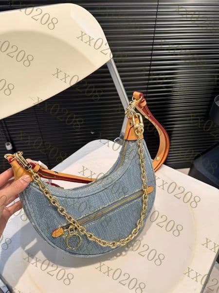 Designer handbag women's shoulder crossbody bag retro underarm half moon wallet round zipper blue denim fabric pea bag 24846.
