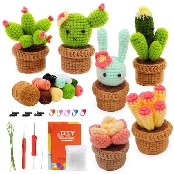 KRABALL 3/6pcs Crochet Starter for Adults with Crochet Hooks Yarn Polyester Fiber Stitch Markers Plastic Eyes for Beginners Kit