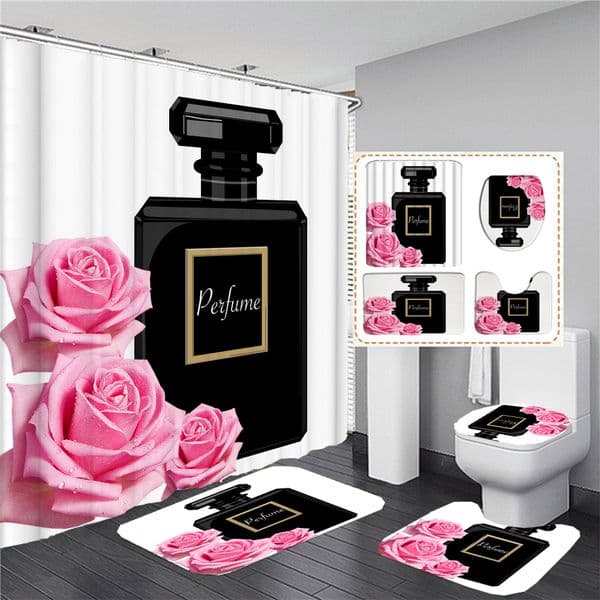 Designer travel Floral Shower Curtain Set: 4-Piece whole day Bathroom Decor With Non-Slip Rugs & Toilet Cover - Flower Print Bath Curtains F