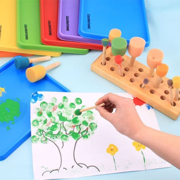 4pcs/Set DIY Sponge Painting Brush Yellow Seal Sponge Brush Wooden Handle Children's Graffiti Drawing Toys