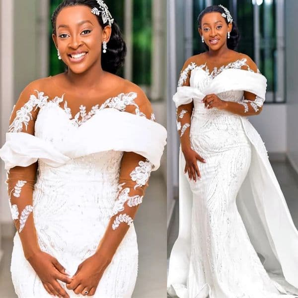 Arabic Style Plus Size Ivory Mermaid Wedding Dresses With Detachable Train Full Lace Bridal Party Gowns Robe De Marriage