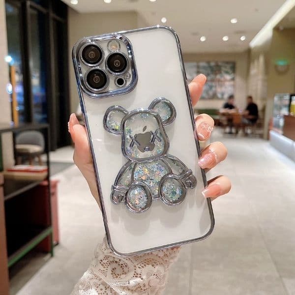Transparent Plating Glitter Phone Cover Case Bling Sequins Quicksand Cute Bear Case For iPhone 16 15 14 13 12 11 Pro Max