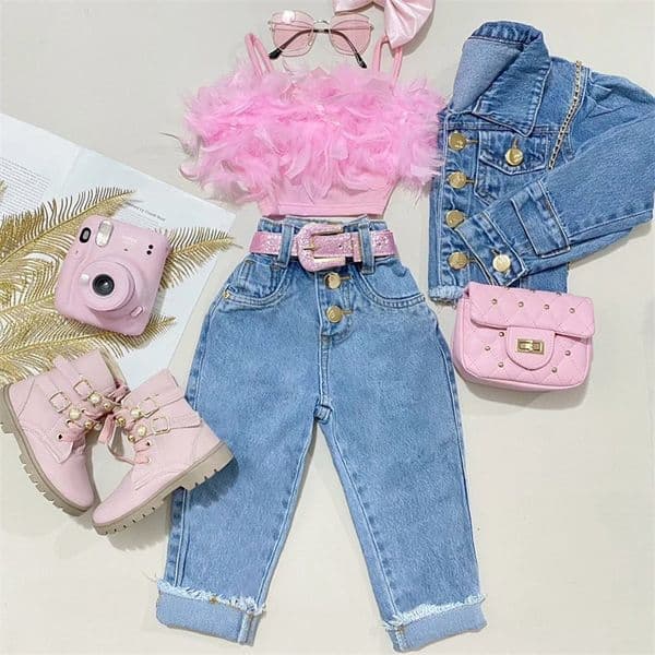 Girls Summer Clothing Outfit Sets Fashion Kid Children Pink Sleeveless Feather Camisole Denim Pants with Pockets 240530