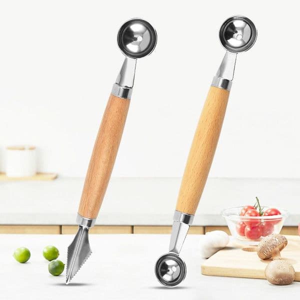 Portable Double-end Ice Cream Scoop With Wood handle Fruit Digging Spoons Fruit Carving Knife Kitchen Supplies Carving Tools Stainless Steel wholesale LX5002