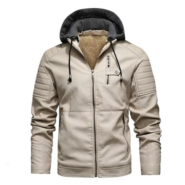 Autumn and winter standup collar casual youth zipper pocket fit fleece hooded mens coat leather 241202