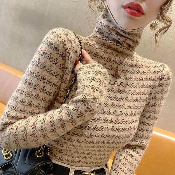 Women's Sweaters Women Clothing Casual All-match Long Sleeve Turtleneck Autumn Winter Fashion Slim Geometric Knit Pullovers Elegant Tops