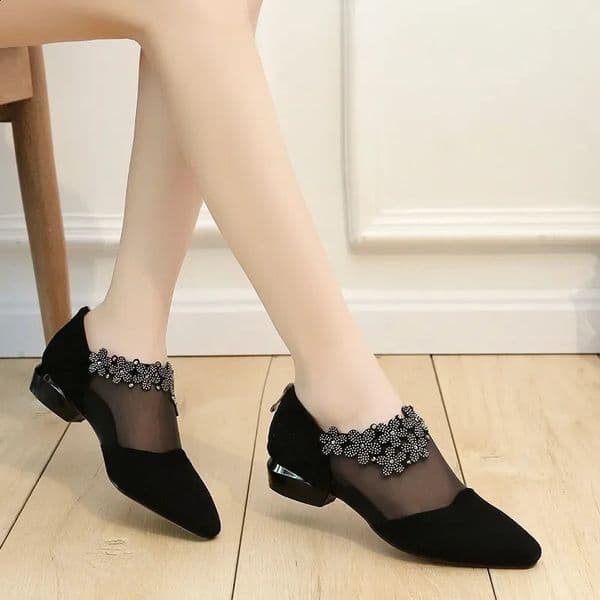 Womens Summer Fashion Black Lace Water Diamond Sandals Flower Low Heel Sandals Mesh Plus Size Sandals Non Printed Casual Shoes 241203