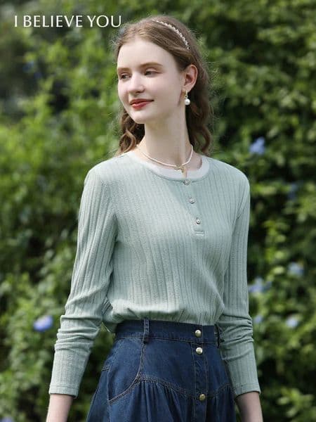I BELIEVE YOU Twopiece Knitted Top Jacquard Longsleeved Tees Women Winter Pearl Button Ribbed Collar Tshirts 2244015809 241203