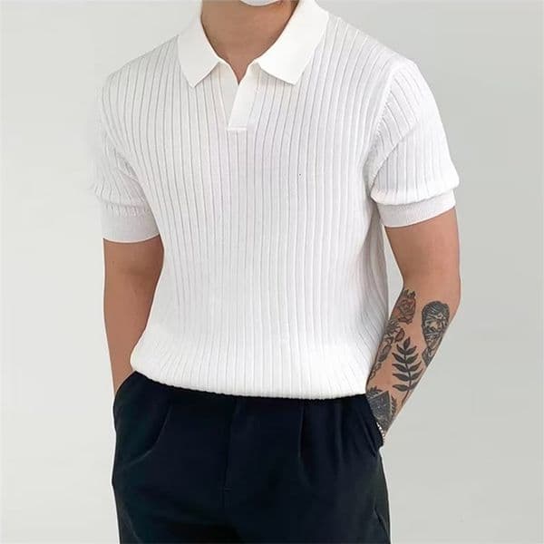 Fashion knitted solid color mens polo shirt ultra-thin short sleeved lapel ribbon polo T-shirt summer mens clothing casual top 241203CJ