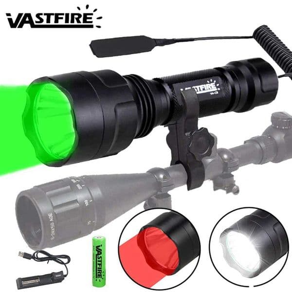 Powerful Red C8 Flashlight Tactical Green/Red/White Torch 1-Mode Predator Handheld Torch+Clip+Tail Switch+18650+Charger Set Z241204